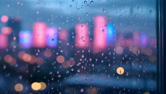 Raindrops form streaks on a glass surface, creating an abstract effect with blurred city lights in the background. Pink and blue hues dominate, giving the scene a dreamy, atmospheric quality. The vert