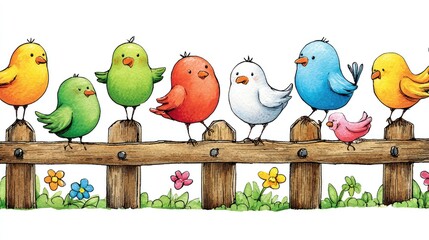 Whimsical, cute little birds sitting on a fence
