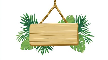 Wooden sign with hanging rope, tropical leaves around the wooden board