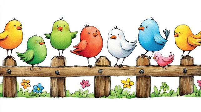Whimsical, cute little birds sitting on a fence - Powered by Adobe