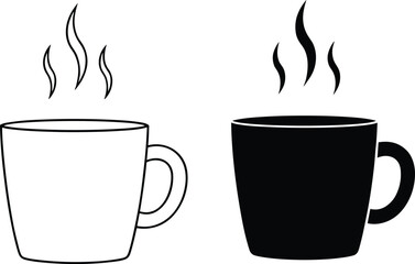Coffee mug icon, black and white cup, hot beverage steam, minimalist design, contrast illustration, caffeine symbol, morning drink art