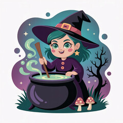 Cute Cartoon Witch with Teal Hair Brewing an Enchanting Potion