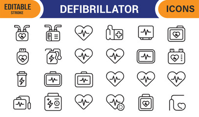 Defibrillator and medical equipment vector icons, clean outline design for hospital themes