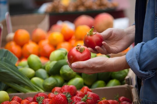 Fresh fruit market shopping: buying pomegranates, oranges, limes, strawberries - Powered by Adobe