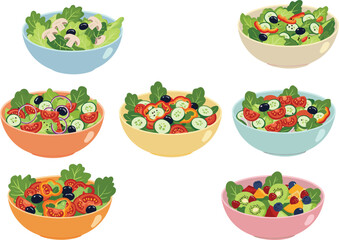 Colorful salad bowls, fresh vegetables, fruits, healthy food, lettuce, tomatoes, kiwi, mushrooms, nutrition, culinary art, vibrant meal illustration