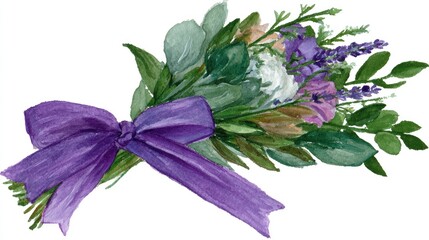 a lavender and eucalyptus bouquet tied with a purple ribbon 