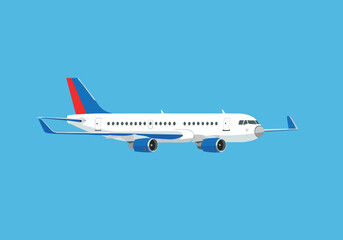 Commercial airplane illustration, side view jet, flying aircraft graphic, white fuselage, blue sky background, aviation design, travel concept art