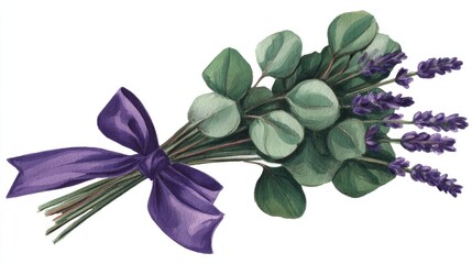 a lavender and eucalyptus bouquet tied with a purple ribbon
