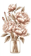 paintbrushes in a glass jar with peonies