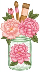 paintbrushes in a glass jar with peonies