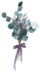Watercolor lavender and eucalyptus bouquet tied with a purple ribbon
