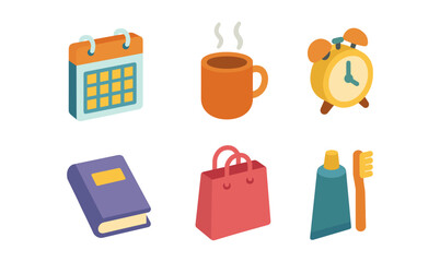 Colorful isometric icons of everyday objects featuring calendar, coffee, and alarm clock