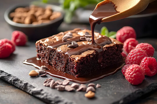 Chocolate Brownie with Fudge Drizzle and Fresh Raspberries