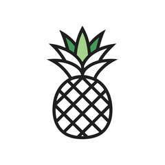 Obraz premium Stylized pineapple icon with green leaves and black outline on white background