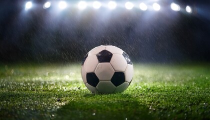 close up image of a wet soccer ball on green grass during rain reflecting stadium lights perfect for sports promotions and dynamic action themes