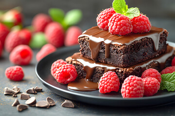 Stacked Chocolate Brownies with Raspberries and Mint Leaves