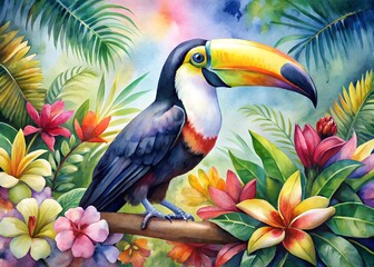 Obraz premium Watercolor painting of a toucan perched on a branch amidst tropical flowers and foliage, a vibrant jungle scene