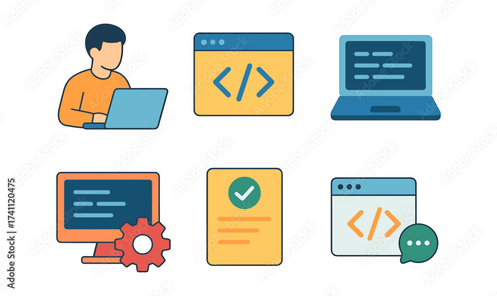 Wall mural coding and development icons collection in minimalist flat design style
