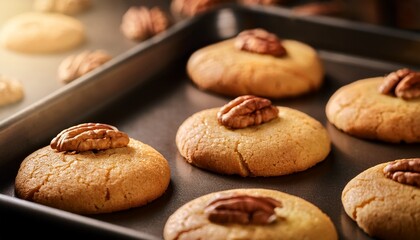 close up of freshly baked walnut cookies on a baking sheet ready to be served and enjoyed soon