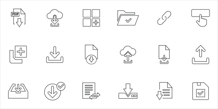 download icons set. copy, download, transfer, download file, cloud download, success and more. simple line vector