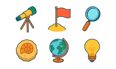 Educational icons set featuring telescope, flag, magnifying glass, fossil, globe, and light bulb