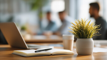 A plant, notebook, and pen with coworkers using laptops