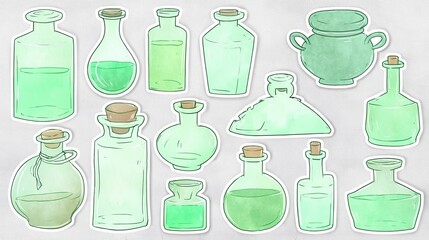 glass bottles in a light green color palette