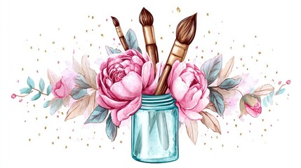 paintbrushes in a glass jar with peonies