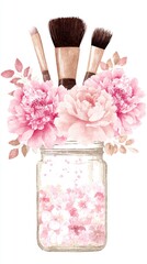 paintbrushes in a glass jar with peonies