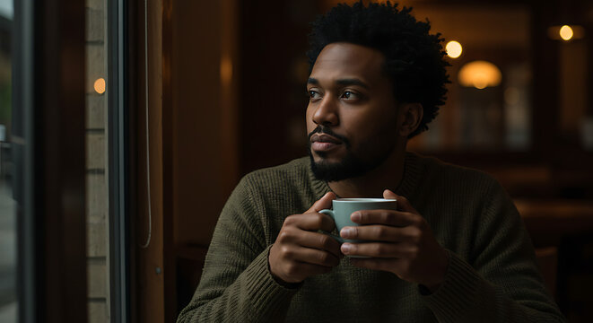 Thoughtful young Black man in a green sweater holding a coffee cup while looking out a cafe window. - Powered by Adobe