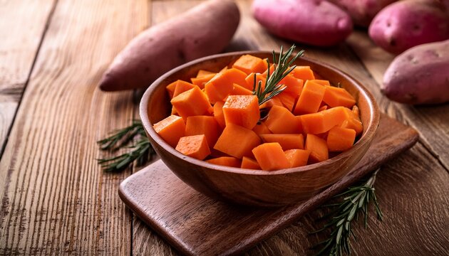 diced orange sweet potatoes in a bowl with rosemary and red potatoes on a rustic wooden table ideal for cooking health and rustic lifestyle concepts