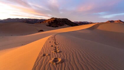 Golden desert footprints at sunrise
