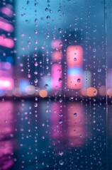 Raindrops form streaks on a glass surface, creating an abstract effect with blurred city lights in the background. Pink and blue hues dominate, giving the scene a dreamy, atmospheric quality. The vert
