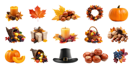 PNG Autumn harvest icons collection, element set on transparent background