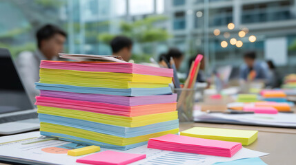 A stack of reports, pens, and sticky notes with coworkers using laptops