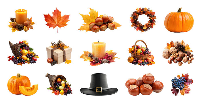 PNG Autumn harvest icons collection, element set on transparent background