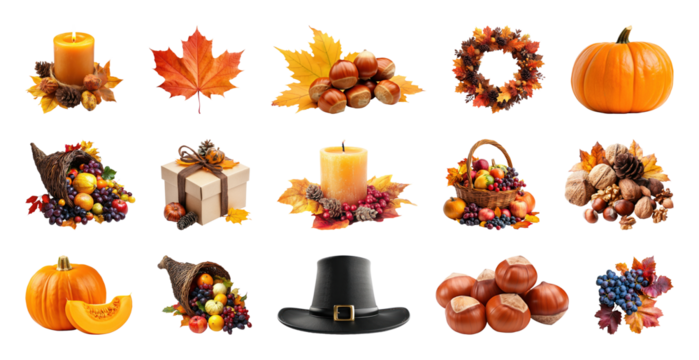 PNG Autumn harvest icons collection, element set on transparent background