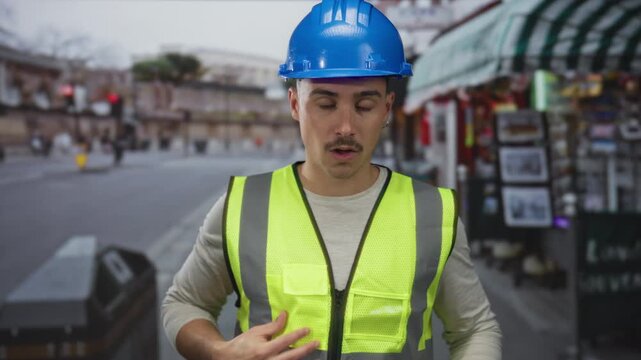 Young man in reflective vest and hardhat wiping sweat outdoors on city street, conveying fatigue and heat during a sunny day.