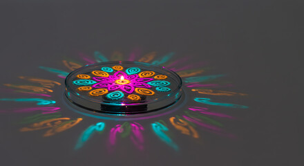 Glowing Digital Mandala Disk Floating Above Reflective Dark Surface with Vibrant Pink and Teal Light Patterns Futuristic Spiritual Art Concept for Meditation Mindfulness Technology and High Tech Spiri