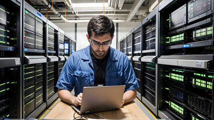 A bespectacled man wearing a blue uniform is working on a laptop in a server room, surrounded by racks of green-lit networking equipment, depicting the activities of an IT technician or data administr