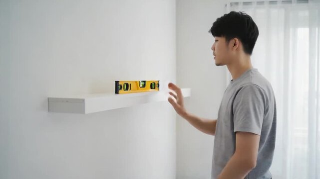 Man with a spirit level on a piece of furniture.