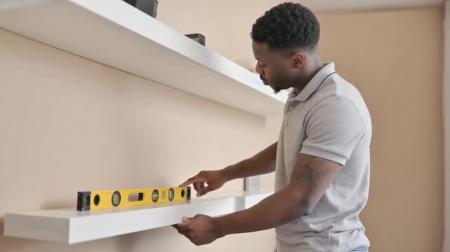 Man with a spirit level on a piece of furniture.