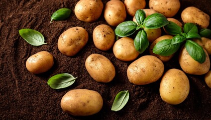 freshly harvested potatoes with soil and basil leaves top food farm crop life view diet plant tasty