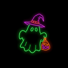 Neon ghost wearing witch hat and holding candy bag for Halloween  