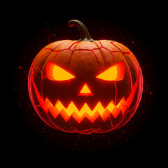 Glowing carved pumpkin with menacing face for Halloween decoration  
