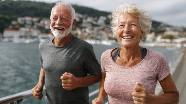 Active Senior Couple Jogging by the Seaside, Enjoying Retirement - Powered by Adobe