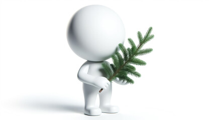 3D white figure cartoon holding a pine branch, on a white background. Christmas time
