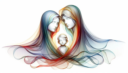 Abstract Holy Family represented by soft silk floating gently in the background. Christmas time
