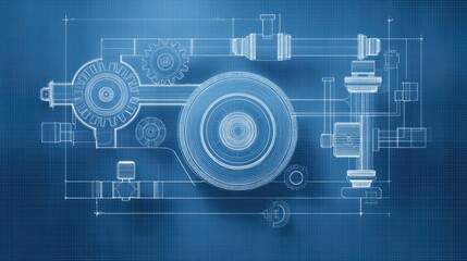 Fototapeta premium Detailed Technical Blueprint of a Mechanical Gear System with Clearly Defined Components on a Blue Background for Engineering and Design Projects