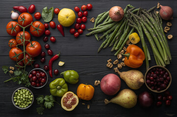 Fresh colorful assortment of fruits and vegetables including tomatoes, kiwi, bell peppers, berries, and greens on a dark wooden background, promoting healthy eating, organic living, and vibrant nutrit